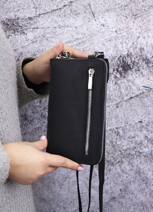 Small leather crossbody zipper bag clutch for women with smartphone pocket/ Black/ 10035 photo