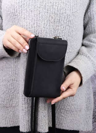Small leather crossbody zipper bag clutch for women with smartphone pocket/ Black/ 10033 photo
