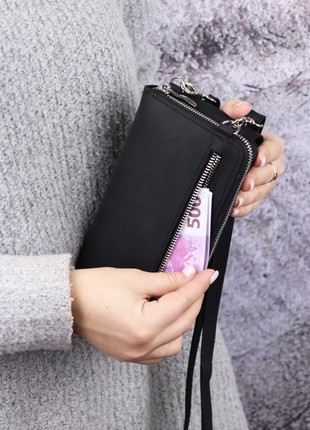 Small leather crossbody zipper bag clutch for women with smartphone pocket/ Black/ 10037 photo