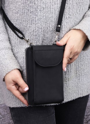 Small leather crossbody zipper bag clutch for women with smartphone pocket/ Black/ 10031 photo