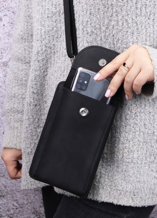 Small leather crossbody zipper bag clutch for women with smartphone pocket/ Black/ 10034 photo