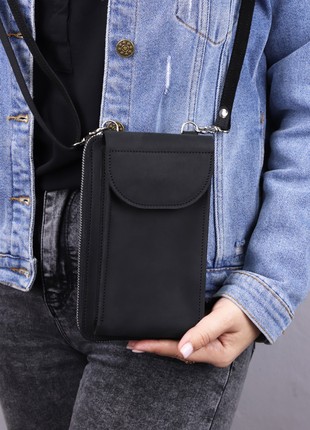 Small leather crossbody zipper bag clutch for women with smartphone pocket/ Black/ 10039 photo