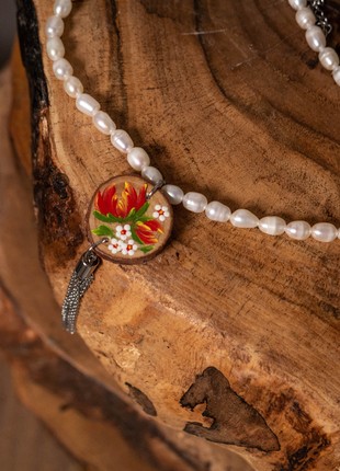 Wooden pendant with painting and freshwater pearls8 photo