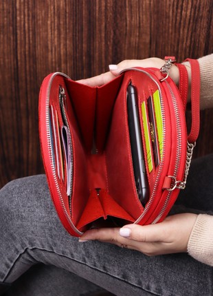 Women's Leather Shoulder Zip Round Double Wallet Bag/ Red/ 10067 photo
