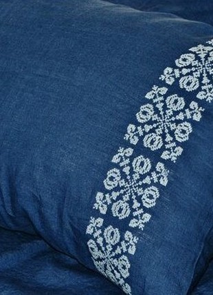 Navy Blue Linen Pillow Case With Handmade Embroidery2 photo