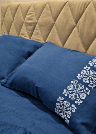 Navy Blue Linen Pillow Case With Handmade Embroidery1 photo