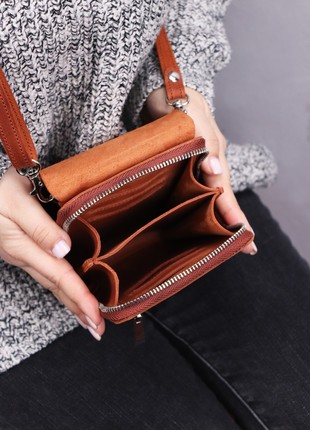 Small leather women's crossbody bag - wallet with zipper and phone compartment/ Brown - 10045 photo