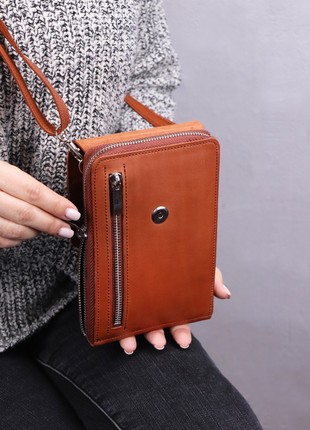 Small leather women's crossbody bag - wallet with zipper and phone compartment/ Brown - 10044 photo