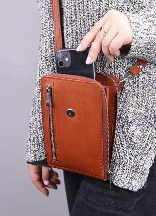 Small leather women's crossbody bag - wallet with zipper and phone compartment/ Brown - 10049 photo