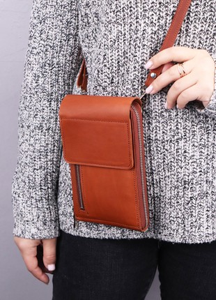 Small leather women's crossbody bag - wallet with zipper and phone compartment/ Brown - 10047 photo