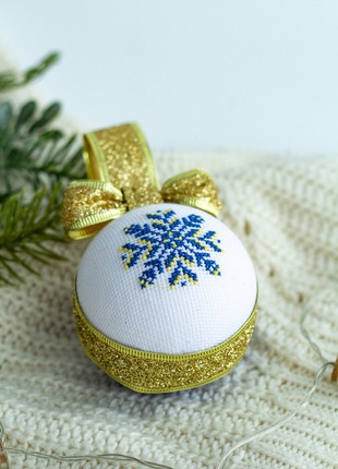 Christmas ball with Ukrainian ornament in blue-yellow color5 photo