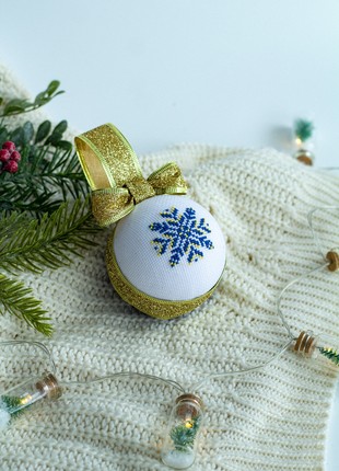 Christmas ball with Ukrainian ornament in blue-yellow color7 photo