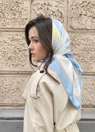 100% Silk hair scarf shawl "Vytynanka" in blue tones