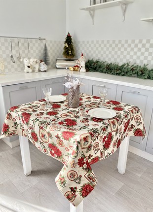 Christmas tapestry tablecloth  137 x 137 cm. festive tablecloth with gold lurex1 photo