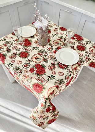 Christmas tapestry tablecloth  137 x 137 cm. festive tablecloth with gold lurex3 photo