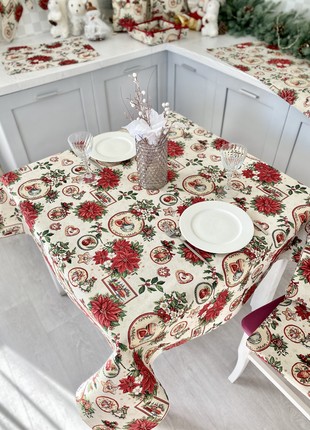 Christmas tapestry tablecloth  137 x 137 cm. festive tablecloth with gold lurex5 photo