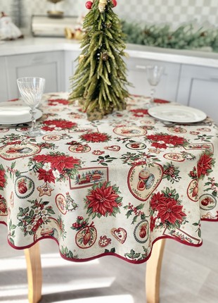 Christmas tapestry tablecloth for round table ø140 cm (55 in), with gold lurex round festive tablecloth3 photo