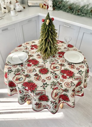 Christmas tapestry tablecloth for round table ø180 cm (70 in), with gold lurex round festive tablecloth5 photo