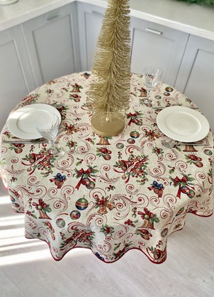 Christmas tapestry tablecloth for round table ø140 cm (55 in), with gold lurex3 photo