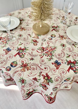 Christmas tapestry tablecloth for round table ø180 cm (70 in), with gold lurex5 photo