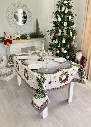 Christmas tapestry tablecloth 54x86 in (137 x 220 cm.) festive tablecloth1 photo