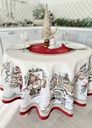 Christmas tapestry tablecloth for round table ø180 cm (71 in), round festive tablecloth2 photo