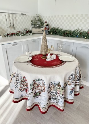 Christmas tapestry tablecloth for round table ø180 cm (71 in), round festive tablecloth1 photo