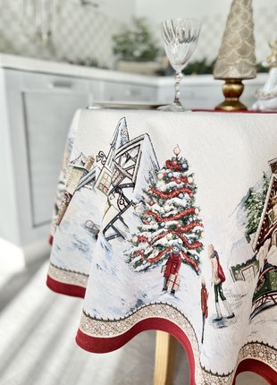 Christmas tapestry tablecloth for round table ø180 cm (71 in), round festive tablecloth3 photo