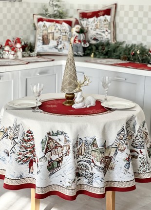 Christmas tapestry tablecloth for round table ø180 cm (71 in), round festive tablecloth4 photo