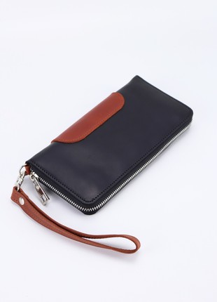 Leather men's wallet with zip around and wristlet / Black&Brown - 3006