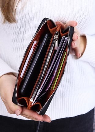 Leather men's wallet with zip around and wristlet / Black&Brown - 30063 photo