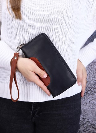 Leather men's wallet with zip around and wristlet / Black&Brown - 30065 photo