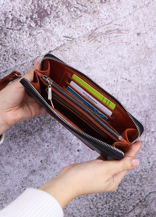 Leather men's wallet with zip around and wristlet / Black&Brown - 30067 photo