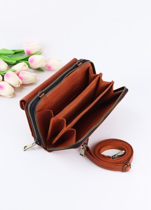 Leather shoulder bag clutch for women with phone pocket/ Brown Crossbody Wallet - 10105 photo