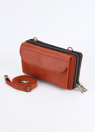 Leather shoulder bag clutch for women with phone pocket/ Brown Crossbody Wallet - 10102 photo