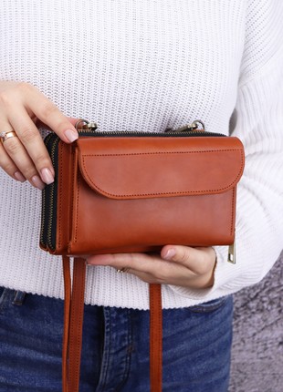 Leather shoulder bag clutch for women with phone pocket/ Brown Crossbody Wallet - 10103 photo