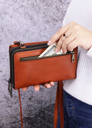 Leather shoulder bag clutch for women with phone pocket/ Brown Crossbody Wallet - 10106 photo