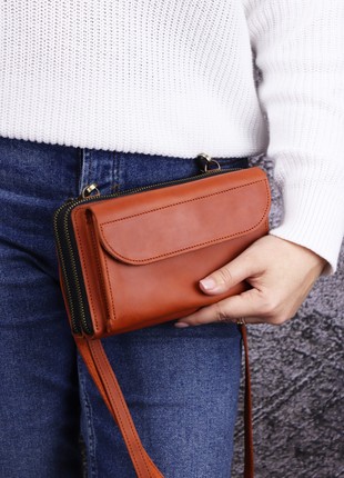 Leather shoulder bag clutch for women with phone pocket/ Brown Crossbody Wallet - 10108 photo