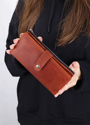 Women`s long slim leather clutch - wallet on zipper for iPhone/ Brown - 30312 photo