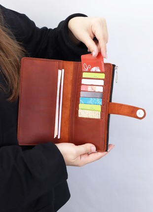 Women`s long slim leather clutch - wallet on zipper for iPhone/ Brown - 30316 photo