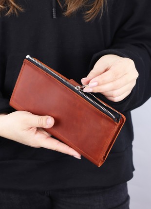 Women`s long slim leather clutch - wallet on zipper for iPhone/ Brown - 30314 photo