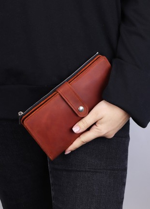 Women`s long slim leather clutch - wallet on zipper for iPhone/ Brown - 30317 photo
