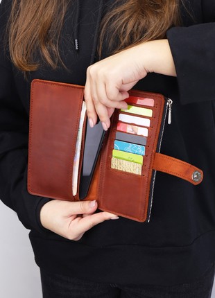 Women`s long slim leather clutch - wallet on zipper for iPhone/ Brown - 3031