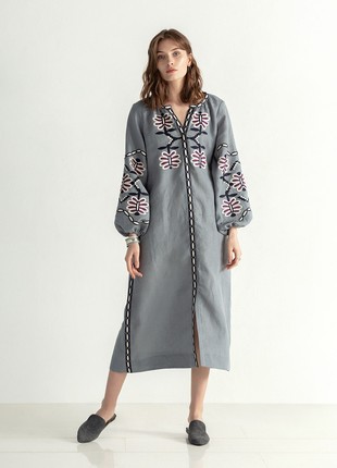 Linen midi embroidered dress Butterfly Dress