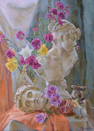 Oil painting flowers "Still life with nymphs" without a frame gift