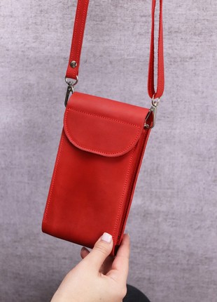 Womens mini leather crossbody bag wallet for smartphone/ Small red purse/ 10029 photo