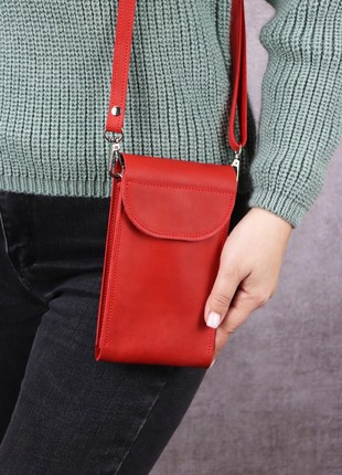 Leather Smartphone Crossbody Small Bag for Women/ Purse for iPhone 14 Pro with Wrist Strap/ Red/ 1011. Made in Ukraine