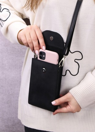 Handmade casual small bag for smartphone with shoulder strap / Black - 1002