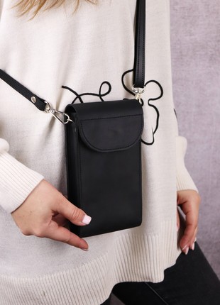 Handmade casual small bag wallet for smartphone with shoulder strap/ Black/ 10024 photo