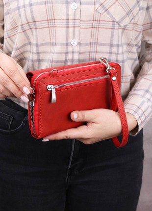 Leather Smartphone Crossbody Small Bag for Women/ Purse for iPhone 14 Pro with wrist strap/ Red/ 10116 photo